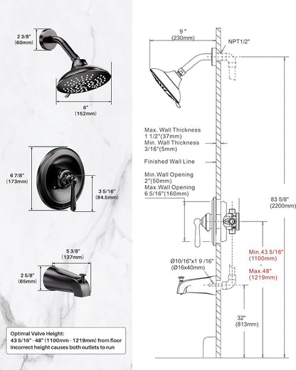 Shower Tub Faucet Set Bronze: ARCORA Bathtub Faucet Set with 6-Inch Rain Showerhead and Tub Spout, Oil Rubbed Bronze Bathtub and Shower Trim Kit (Valve Included) - Image 8