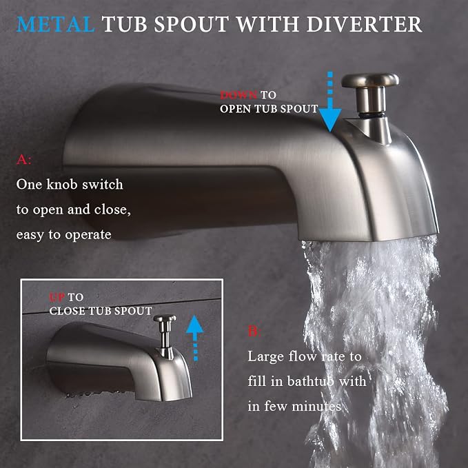 Shower Faucet Set with Tub Spout Brushed Nickel 10 Inch Rainfall Shower 4 Setting Spray Mixer Shower System Modern Luxury Wall Mounted Tub Shower Faucet Set Rough-in Valve Body (Brushed Nickel) - Image 7