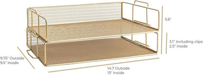BLU MONACO | Paper Tray Stackable Gold Mesh Set of 2 | Stackable File Trays - Image 6