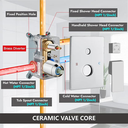 Midanya Rain Shower System Tub Shower Faucet Set Square Rainfall Waterfall Shower Head with Handheld Sprayer Tub Spout Combo Wall Mounted bathtub faucet set Rough-in Valve, 12 Inch Polish Chrome - Image 6