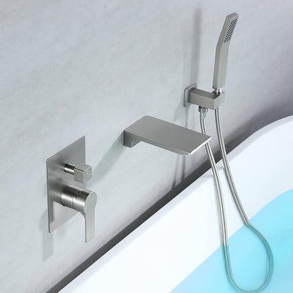 SHAMANDA Waterfall Wall Mounted Bathtub Faucet with Hand Shower, Bathroom Single Handle Tub Faucet Modern Brass Tub Shower Faucet Set(Including Rough-In Valve Body and Trim), Brushed Nickel, L901-2 - Image 4