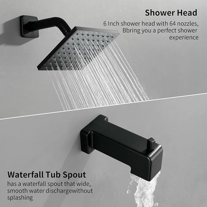 Matte Black Shower Faucet Set with Tub Spout, 6 Inch Rain Shower Head and Tub Spout, Shower Fixtures with Tub Spout, Tub and Shower Trim Kit - Image 3