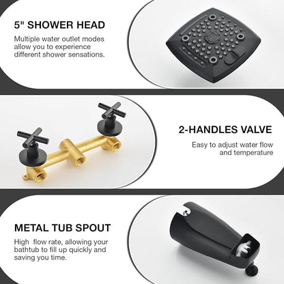 2 Handle Shower Faucet Set with Tub Spout 6-Spray Shower Head and Handle Set Shower Trim Kit with Rough-in Valve Bathroom Shower Faucet Valve Trim Kit Matte Black - Image 4