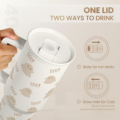 SANDJEST Boo Tumbler with Handle and Straw 40oz – Stainless Sleel Slider Tumbler Travel Coffee Mug for Women - Gift Idea for Fall Autumn Halloween Christmas - Image 4