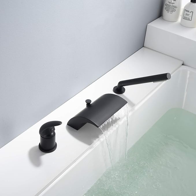 sumerain Black Roman Tub Faucet with Hand Shower High Flow Waterfall Spout with Diverter - Image 9