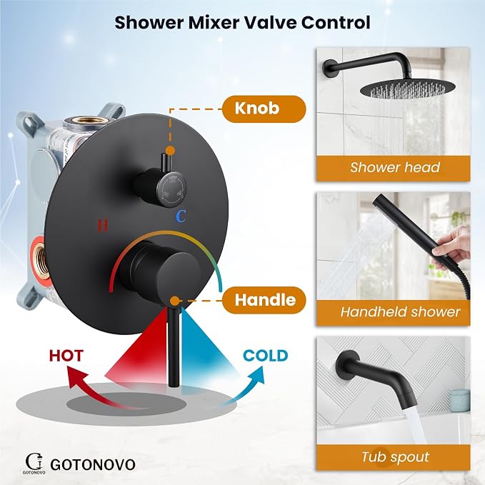 gotonovo Shower System with Tub Spout Wall Mount 3 Function Rough-in Valve Bathtub Shower Faucets Set Complete Rain 10 Inch Round Showerhead Trim Kit Combo, Cylindrical Handheld, Matte Black - Image 4
