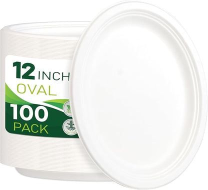 100PCS 100% Compostable White Oval Paper Plates, Heavy Duty Disposable Plates by Birchio