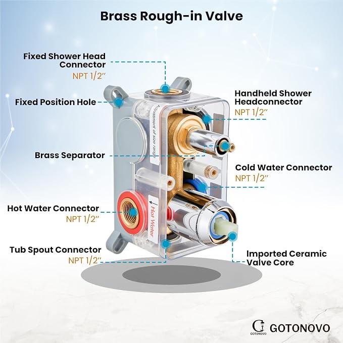 gotonovo Shower System with Tub Spout Wall Mount 3 Function Rough-in Valve Bathtub Shower Faucets Set Complete Rain 10 Inch Round Showerhead Trim Kit Combo, Cylindrical Handheld, Polish Chrome - Image 8