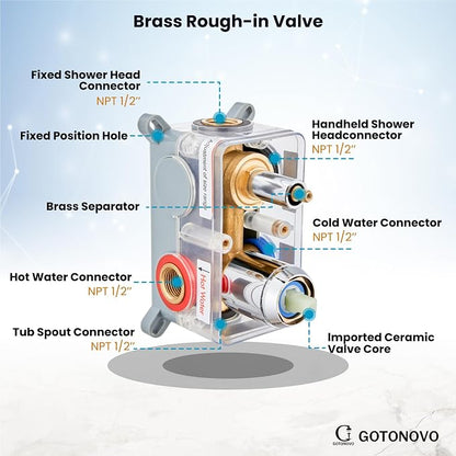 gotonovo Shower System with Tub Spout Wall Mount 3 Function Rough-in Valve Bathtub Shower Faucets Set Complete Rain 10 Inch Round Showerhead Trim Kit Combo, Cylindrical Handheld, Polish Chrome - Image 8