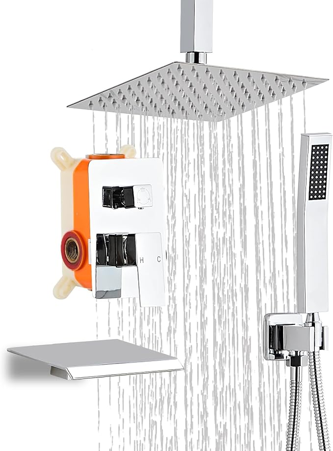 10 Inch Shower Faucet Set, Ceiling Mounted Rainfall Shower System with High Pressure Handheld Shower Head, Bathroom Mixer Rough-in Valve and Trim Shower Kit, Polished Chrome, with Tub Spout by RTOBWEYE