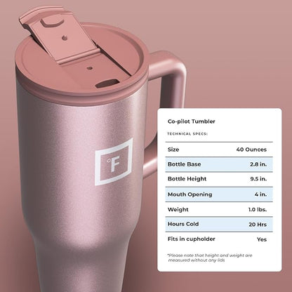 IRON °FLASK Co-Pilot Insulated Mug w/Straw & Flip Cap Lids - Cup Holder Bottle for Hot, Cold Drink - Leak-Proof - Water, Coffee Portable Travel Mug - Rose Gold, 40 Oz - Image 9