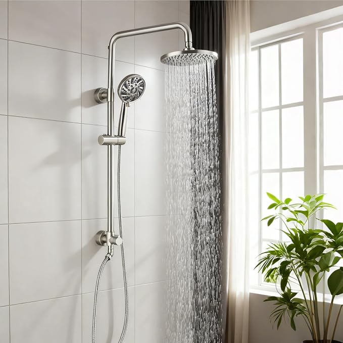 Midanya Retrofit Rain Shower System Wall Mount 8 Inch Rainfall Shower Head with 5-setting Handheld Spray Combo with Slide Bar,Brushed Nickel - Image 2