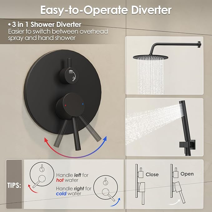 Gabrylly Black Shower Faucet Set, Wall Mounted System with Shower Valve, High Pressure 10" Rain Shower head with Handheld Spray Combo, 2 Way Rainfall Shower Fixtures, Matte Black - Image 5