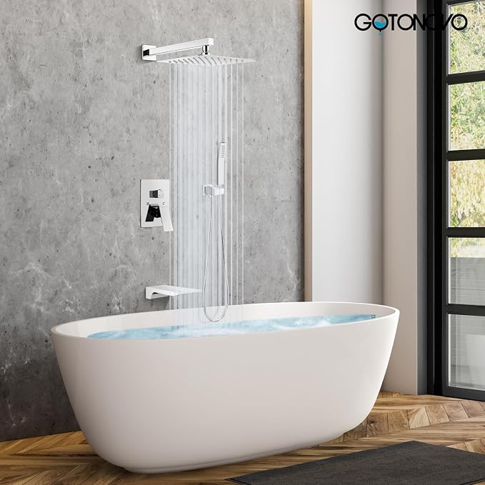 gotonovo Shower System with Tub Spout,Waterfall Tub Shower Faucet Set for Bathroom Head and Handle Set Wall Mounted 3 Function Rough-in Valve and Trim Included 10 inch Shower Head Polished Chrome - Image 2