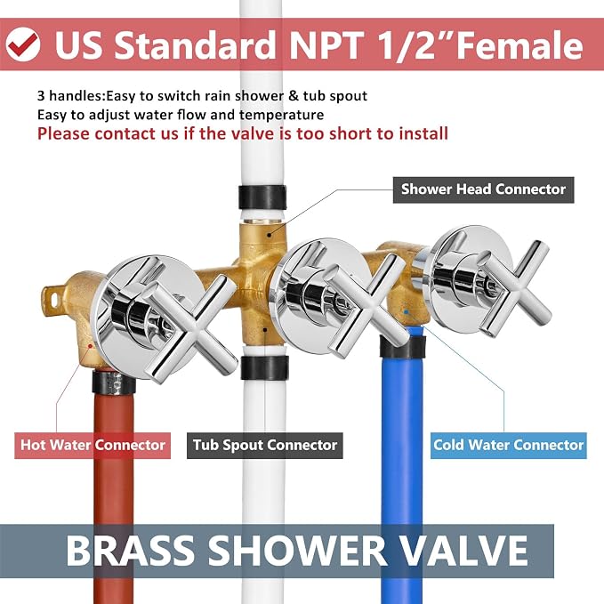 Aolemi 3 Handles Tub Shower Faucet Set with Valve Bathtub Combo Set Shower System Complete Trim Kit Wall Mounted Polish Chrome - Image 5