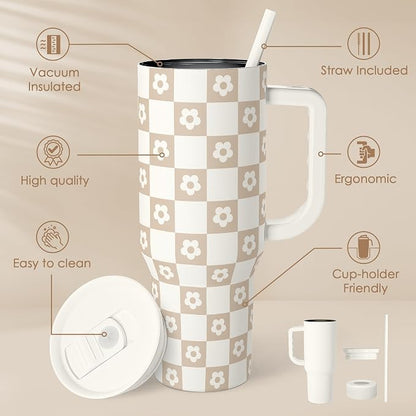 SANDJEST Checker Tumbler with Handle and Straw 40oz – Stainless Sleel Slider Tumbler Travel Coffee Mug for Women - Gift Idea for Birthday Christmas - Image 2