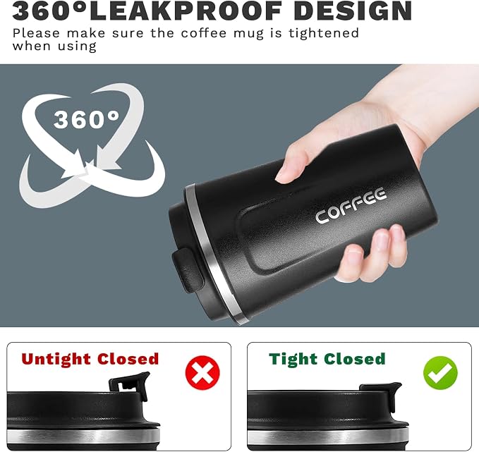 YINBAOGE Insulated Travel Coffee Mug, Spill & Leak Proof, Portable To Go Camping Stainless Steel Coffee Tumbler, Reusable Thermal Coffee Cup with Lid for Hot & Cold Drinks (2nd-Black, 17 OZ) - Image 5