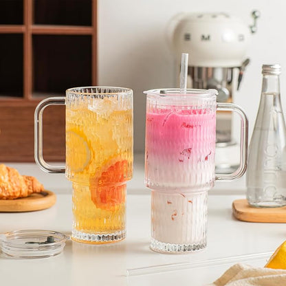INSETLAN 26oz Raindrop Glass Tumbler with Handle and Lid, Set of 2 – Reusable Iced Coffee Cups with Lids, Clear Glass Cups with Straw for Coffee, Smoothies, Tea, Juice – Perfect for any Occasion - Image 3