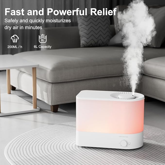 MEGAWISE 2025 Humidifier, 6L Large Capacity, 50H Runtime, Enjoy ultra-quiet, cool mist for your bedroom, nursery, or indoor plants. Top-fill design for effortless convenience (White) - Image 5