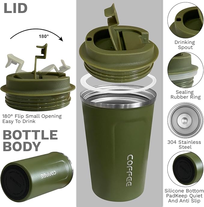 YINBAOGE Insulated Travel Coffee Mug, Spill & Leak Proof, Portable To Go Camping Stainless Steel Coffee Tumbler, Reusable Thermal Coffee Cup with Lid for Hot & Cold Drinks (2nd-Green, 17 OZ) - Image 2