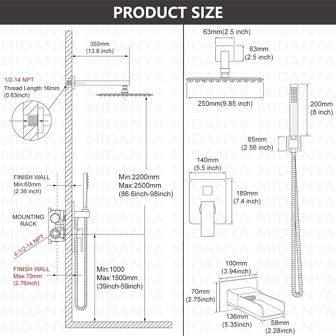 Midanya Rain Shower System Tub Shower Faucet Set Square Rainfall Waterfall Shower Head with Handheld Sprayer Tub Spout Combo Wall Mounted bathtub faucet set Rough-in Valve, 10 Inch Brushed Nickel - Image 5