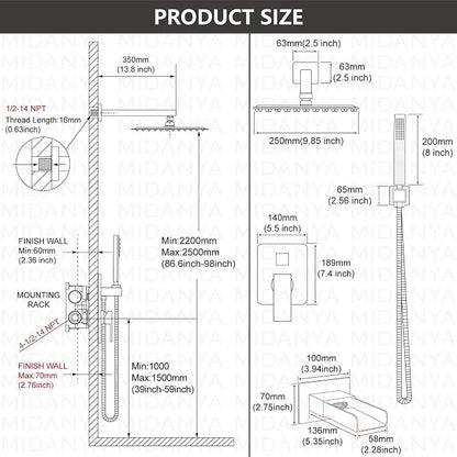 Midanya Rain Shower System Tub Shower Faucet Set Square Rainfall Waterfall Shower Head with Handheld Sprayer Tub Spout Combo Wall Mounted bathtub faucet set Rough-in Valve, 10 Inch Brushed Nickel - Image 5