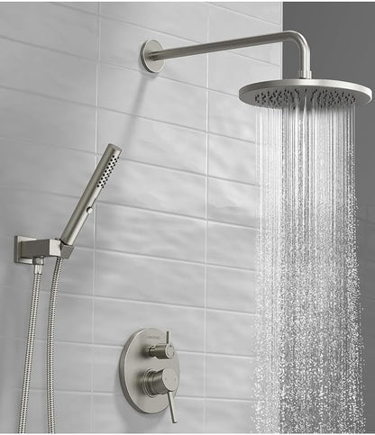 Lava Odoro Modern 2-Setting Round Rain Shower System, Brushed Nickel Rainfall Shower Faucet Set Rain Shower Head and Handle Set, Shower Valve Trim Kit,10 Inch, Brushed Stainless, SF104-BN - Image 2