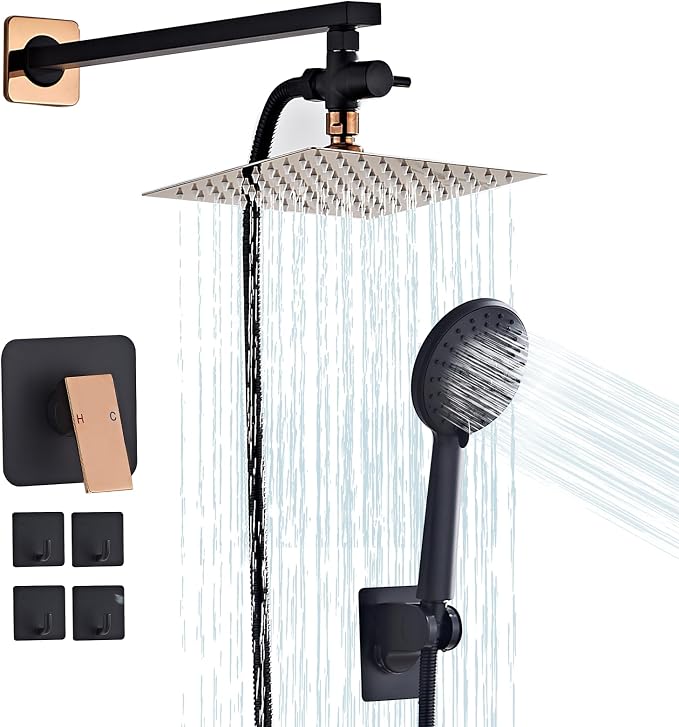 Shower Head 8'' High Pressure Rainfall, Handheld Shower Combo with 11'' Extension Arm, 5 Spray, Anti-leak Luxury Premium Quality, Rainfall Shower Head with Handheld Spray Combo, Rose Gold by Hamckay
