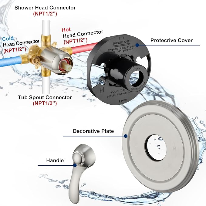 Tub Shower Faucet Set with Valve, 6-Inch Shower Head and Handle Set Brushed Nickel, Single-Handle Tub and Shower Trim Kit with Touch-Clean Rain Shower Head and Tub Spout - Image 6