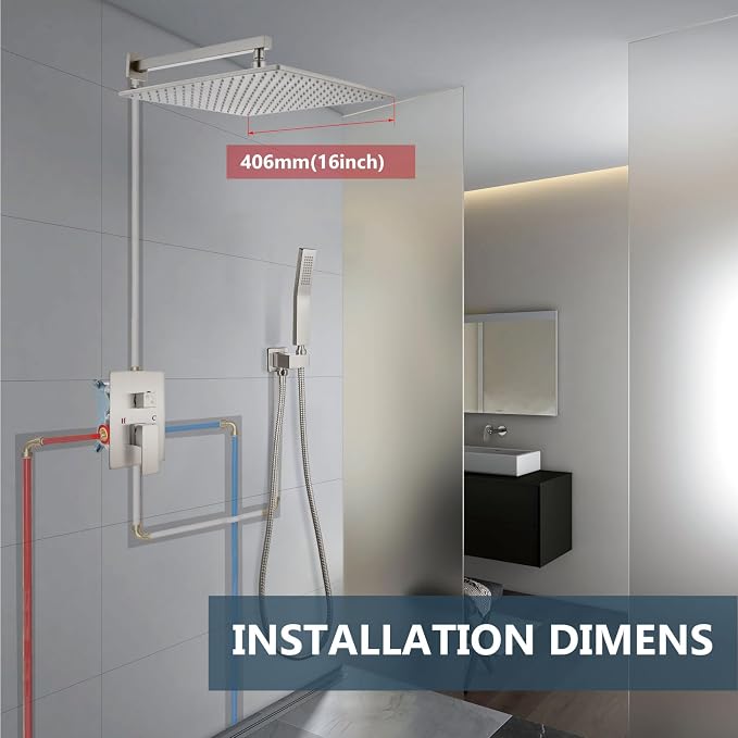 Aolemi Shower Faucet Set with Handheld Spray High Pressure Shower System Shower Faucets Sets Complete Rough-in Valve and Shower Trim Kit Wall Mount Rainfall 16 Inch LED Shower Head Brushed Nickel - Image 9