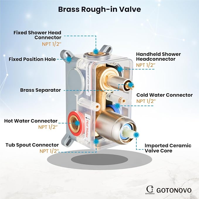 gotonovo Shower System with Tub Spout Wall Mount 3 Function Rough-in Valve Bathtub Shower Faucets Set Complete Rain 10 Inch Round Showerhead Trim Kit Combo, Cylindrical Handheld, Brushed Nickel - Image 8