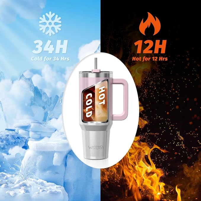 40 oz Shiny Tumbler with Handle and Straw,Stainless Steel Tumbler with Lid and Straw,Insulated Travel Mug(Cold for 34 Hours),Water Bottle for Iced Tea,Coffee (Pink) - Image 2