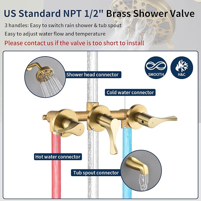 3 Handles Shower Faucet Set with Tub Spout Bathtub Shower Faucet Combo Set Shower System Complete Tub and Shower Trim Kit Brushed Gold Shower Set - Image 3
