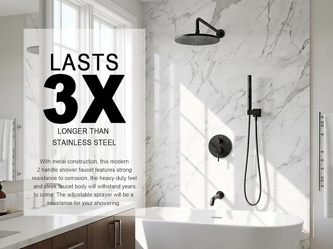 Lava Odoro Modern 3-Setting Round Rain Bathtub and Shower Faucet Set, Black Rainfall Shower Head and Handle Set, Rain Shower System with Tub Spout, Shower Valve Trim Kit, Matte Black, SF104-MB-T - Image 3