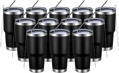 MEWAY 30oz Insulated Tumbler With Lids and Straws,Stainless Steel Double Vacuum Coffee Tumbler Cup, Brush, Durable Powder Coated Coffee Cup for Cold & Hot Drinks, Office, Travel(Black,12 PACK) by MEWAY