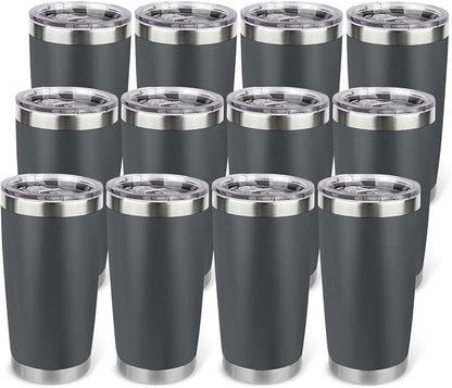 20oz Stainless Steel Tumbler Bulk with Lid, Travel Mug - Double Wall Vacuum Powder Coated Cup - Grey, 12 Pack by Unknown