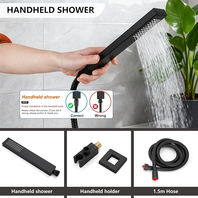 Midanya Shower System with Tub Spout,Bathtub Shower Faucet Set with Square Rainfall Head and Handheld Sprayer Wall Mount Tub Faucet Set with Valve and Trim Kit,12 Inch Matte Black - Image 8