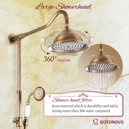 gotonovo Shower Fixture Faucet Set Complete Antique Brass Exposed Pipe Shower System 8 Rain Shower 2 Double Knobs Handle Triple Function Tub Spout Shower Combo Unit Set - Image 3