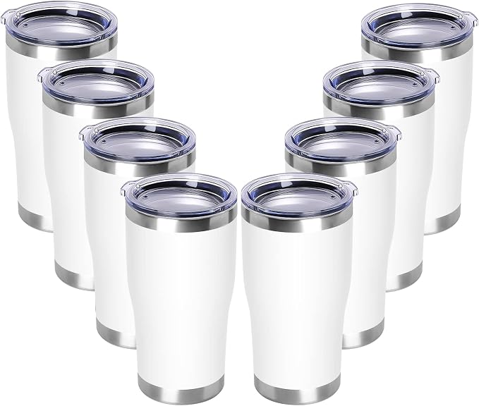 DOMICARE 20oz Tumbler with Lid Stainless Steel Tumblers Bulk, Double Wall Vacuum Insulated Coffee Travel Mug Powder Coated Tumbler, 8 Count (Pack of 1) White by VisittheDOMICARE