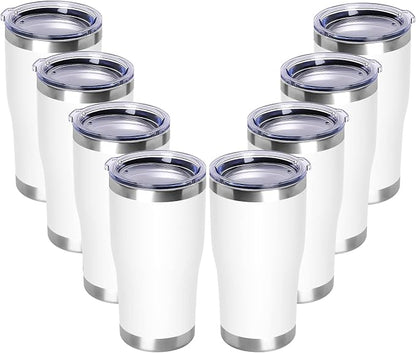 DOMICARE 20oz Tumbler with Lid Stainless Steel Tumblers Bulk, Double Wall Vacuum Insulated Coffee Travel Mug Powder Coated Tumbler, 8 Count (Pack of 1) White by VisittheDOMICARE
