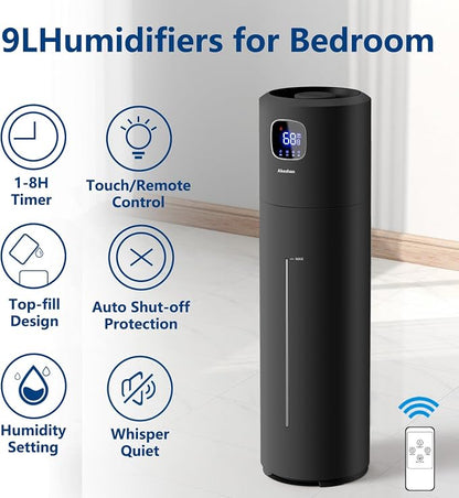 Large Humidifiers for Bedroom, 9L/2.5Gal Ultrasonic Cool Mist, Top Fill Easy Clean with 350ML/H Mist Speed, Quiet, Suitable for Kids Room Plant Yoga Office Study Room Living (Black, Round) - Image 2