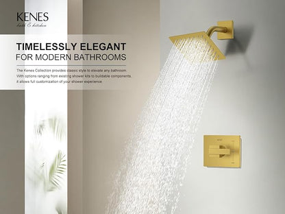 KENES Brushed Gold Shower Faucet, Modern Square 6-Inch Shower Head and Handle Set, Bathroom Rainfall Shower System Wall Mount, KE-6025B-4 (Including Shower Valve) - Image 2