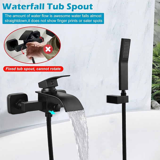 Midanya Wall Mount Bathtub Faucet with Handheld Spray Waterfall Tub Filler Single Handle Bathroom Tub Mixer Tap Hand-Shower System with Curved Spout Commercial,Matte Black - Image 3