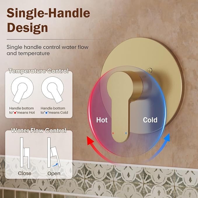 Tub Shower Faucet, Brushed Gold Shower Faucet Set with 6-Inch All-Metal Rainfall Showerhead and Bathtub Spout, Single-Handle Tub Shower-Trim Kit Included Valve, Brushed Gold - Image 6