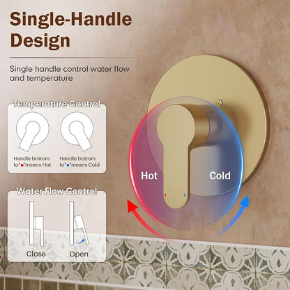 Tub Shower Faucet, Brushed Gold Shower Faucet Set with 6-Inch All-Metal Rainfall Showerhead and Bathtub Spout, Single-Handle Tub Shower-Trim Kit Included Valve, Brushed Gold - Image 6