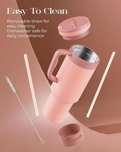 40 oz Insulated Tumbler with Handle and Push-Button Straw Lid, Stainless Steel Travel Cup for Gym Office, Leakproof, BPA-Free, Cup Holder Friendly, Bow Silicone Boot, (Peach Roasted) - Image 6