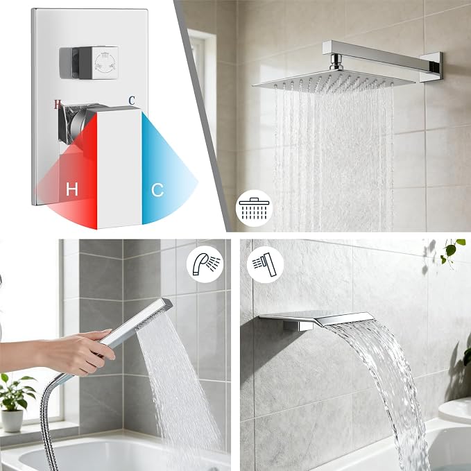 Midanya Shower System with Tub Spout,Bathtub Shower Faucet Set with Square Rainfall Head and Handheld Sprayer Wall Mount Tub Faucet Set with Valve and Trim Kit,10 Inch Polish Chrome - Image 4