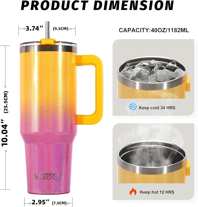 40 oz Shiny Tumbler with Handle and Straw,Stainless Steel Tumbler with Lid and Straw,Insulated Travel Mug(Cold for 34 Hours),Water Bottle for Iced Tea,Coffee (Yellow) - Image 2