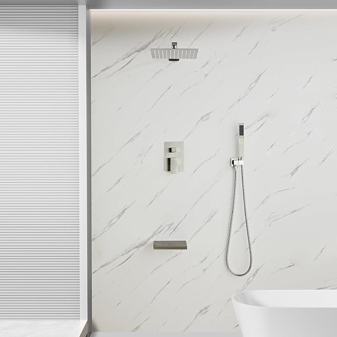Brushed Nickel Rainfall Shower Faucet Set with Tub Spout 10 Inch, Shower Head and Handle with 2 Hooks, Rain Shower and Handheld Shower System Square Wall Mount for Bathroom - Image 8