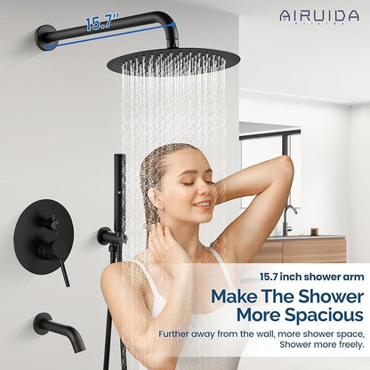 Airuida 3-Function Rain Shower System Set – Wall Mount Tub Shower Combo with Handheld Shower and Tub Spout,12 Inch Shower Head,Matte Black - Image 3